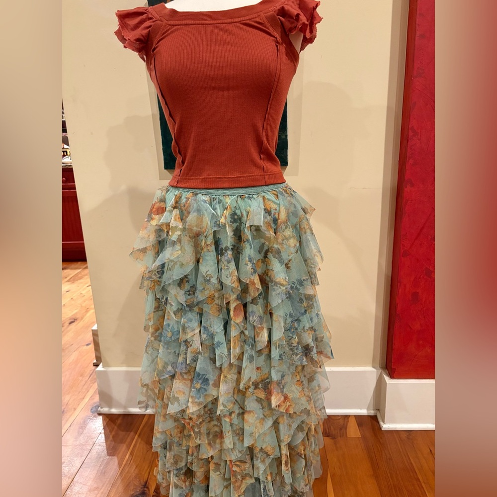 Anthropologie Pilcro Ruffle Flutter Sleeveless T-shirt in rust orange